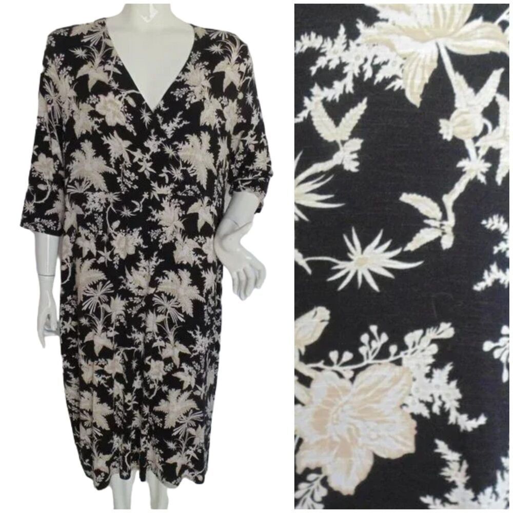 J.JILL Dress, 2X, Black/Tan floral print, Jersey, 3/4 sleeves, V-neck